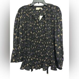 Everleigh Black Floral Blouse Size Large Tie Neck Pleated Ruffle Bottom NWT